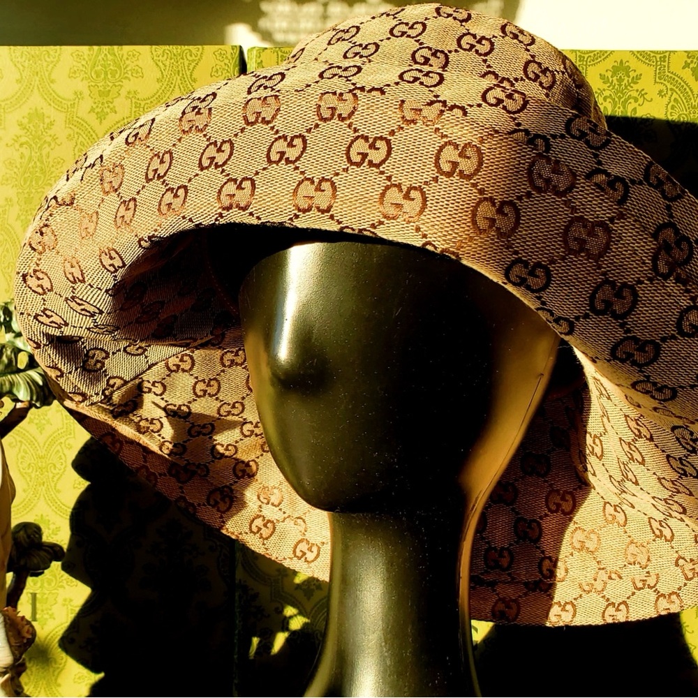 Monogram Bucket Hat Wide Large Brim Beige Canvas Jacquard Sun Tan Coverage New - Picture 4 of 16